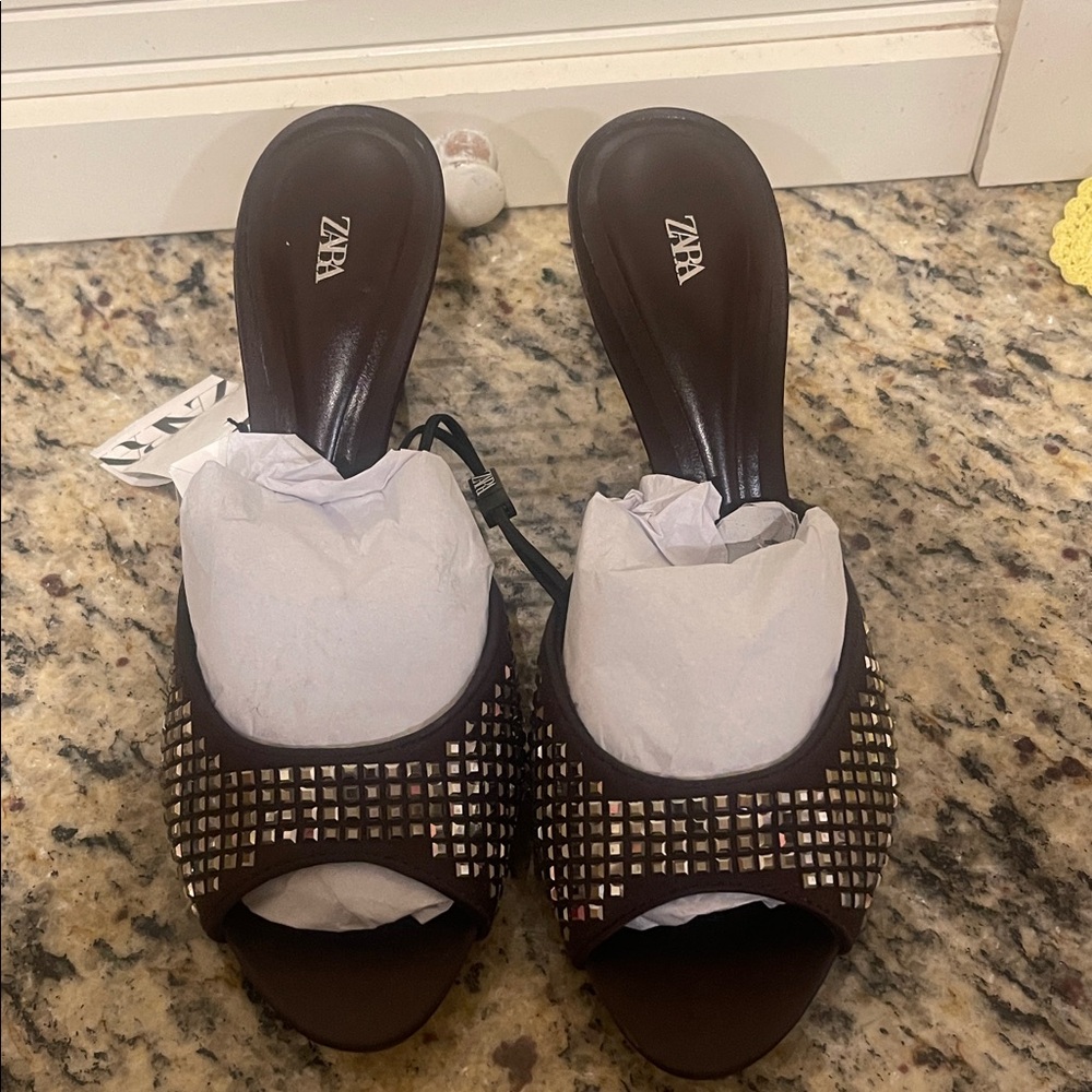 Zara Dark Brown Studded Mules